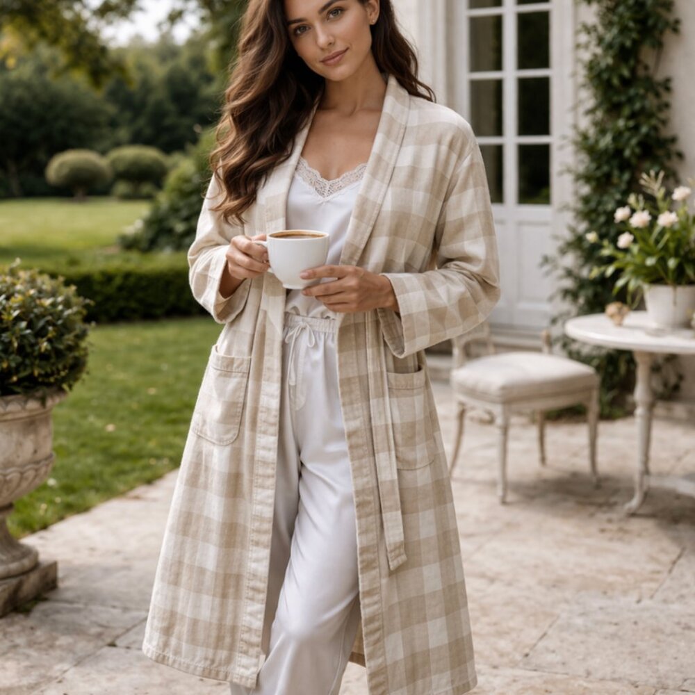 BOLL & BRANCH Buffalo Check Organic Cotton Belted Robe size Medium